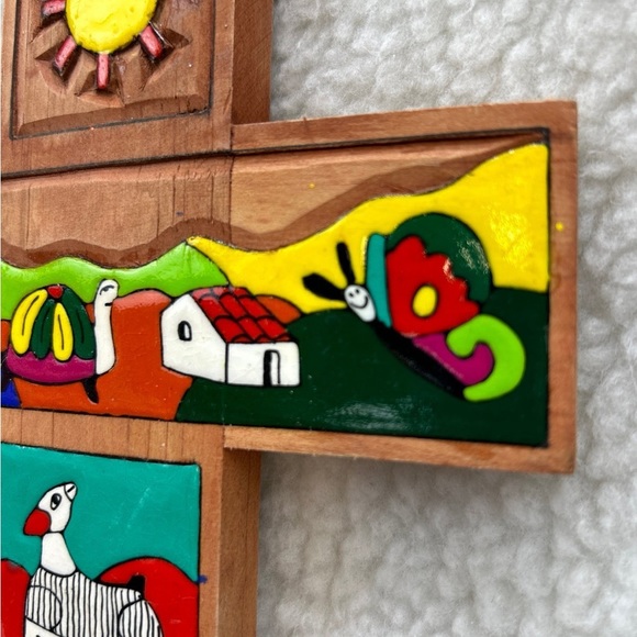 Wooden Cross with whimsical colorful animals tree butterfly sun 10" - Picture 3 of 12